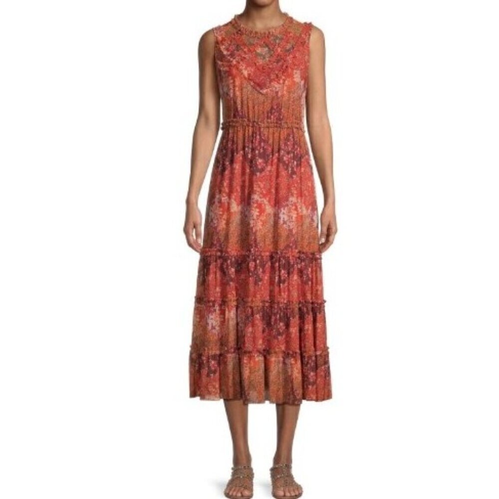 NWT Johnny Was Josephina Mesh Midi Floral Ruffle Dress Large
